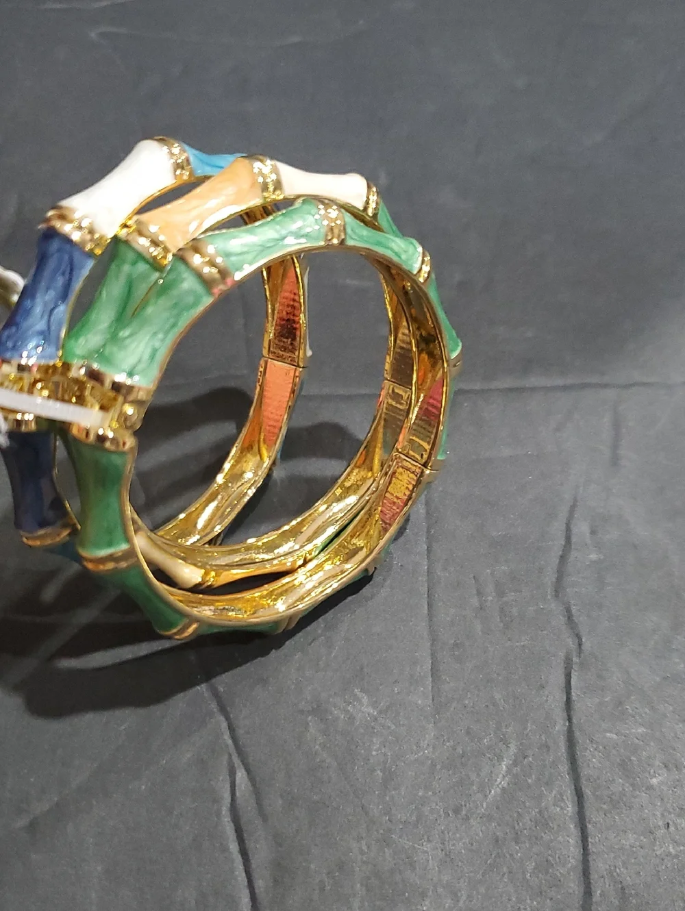 Natasha couture 3 piece stacked gold‎ tone enamel bamboo gemstone bangle set